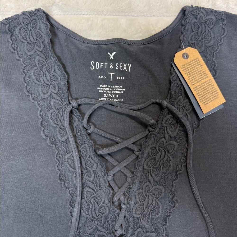 NWT American Eagle: Women's Long Sleeve Soft & Sexy Gray Lace Up, Size S - Picture 3 of 11